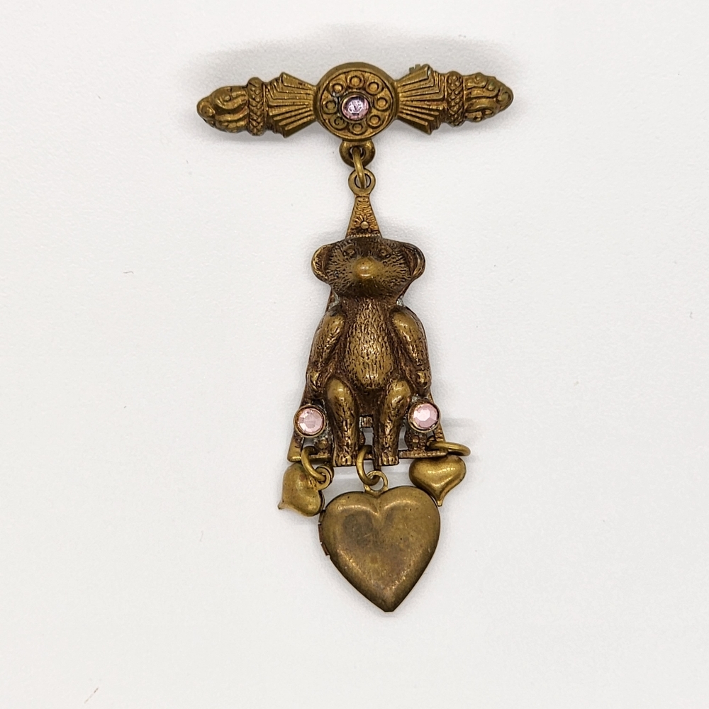 Vintage Top Shelf Jewelry Teddy Bear Pin Brooch, Solid Brass AB Rhinestones